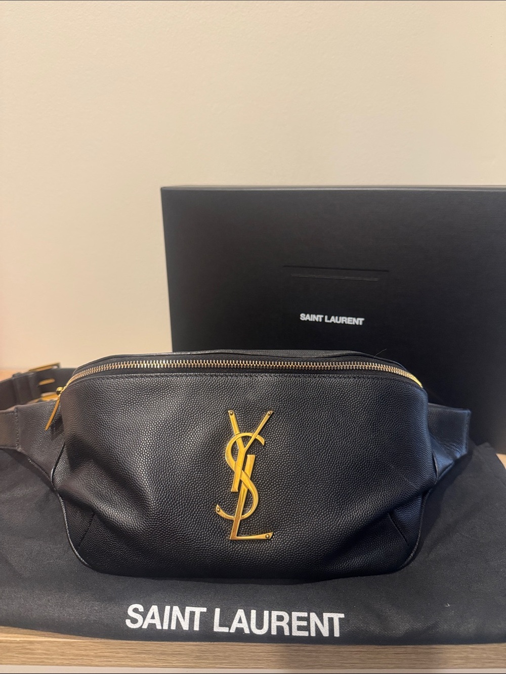 Saint Laurent Black Leather YSL Logo Belt Bum Bag with Gold Hardware